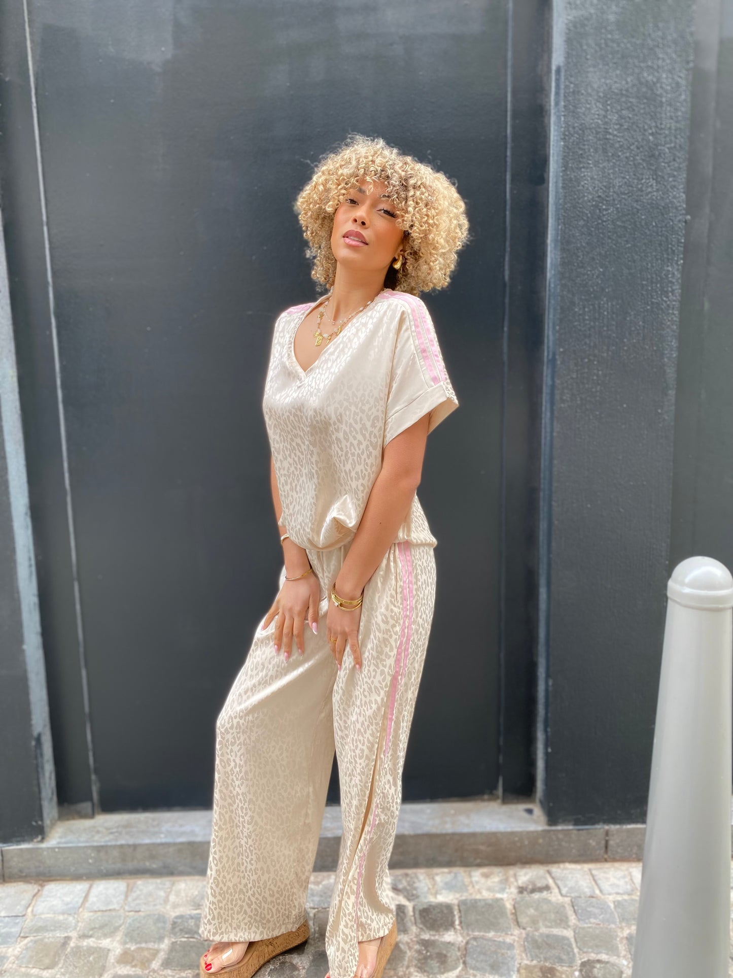 Pantalon léopard, satin beige