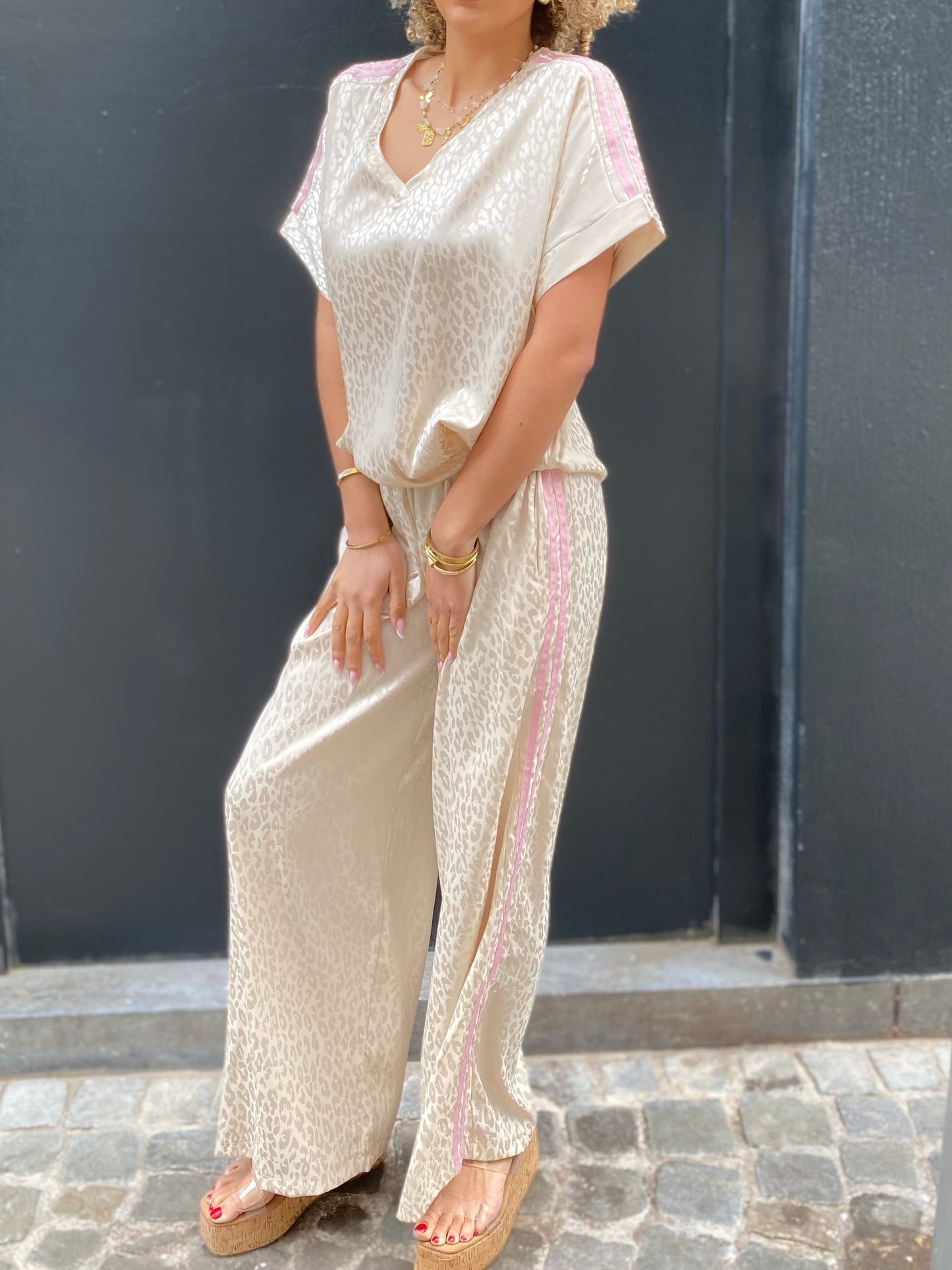 Pantalon léopard, satin beige