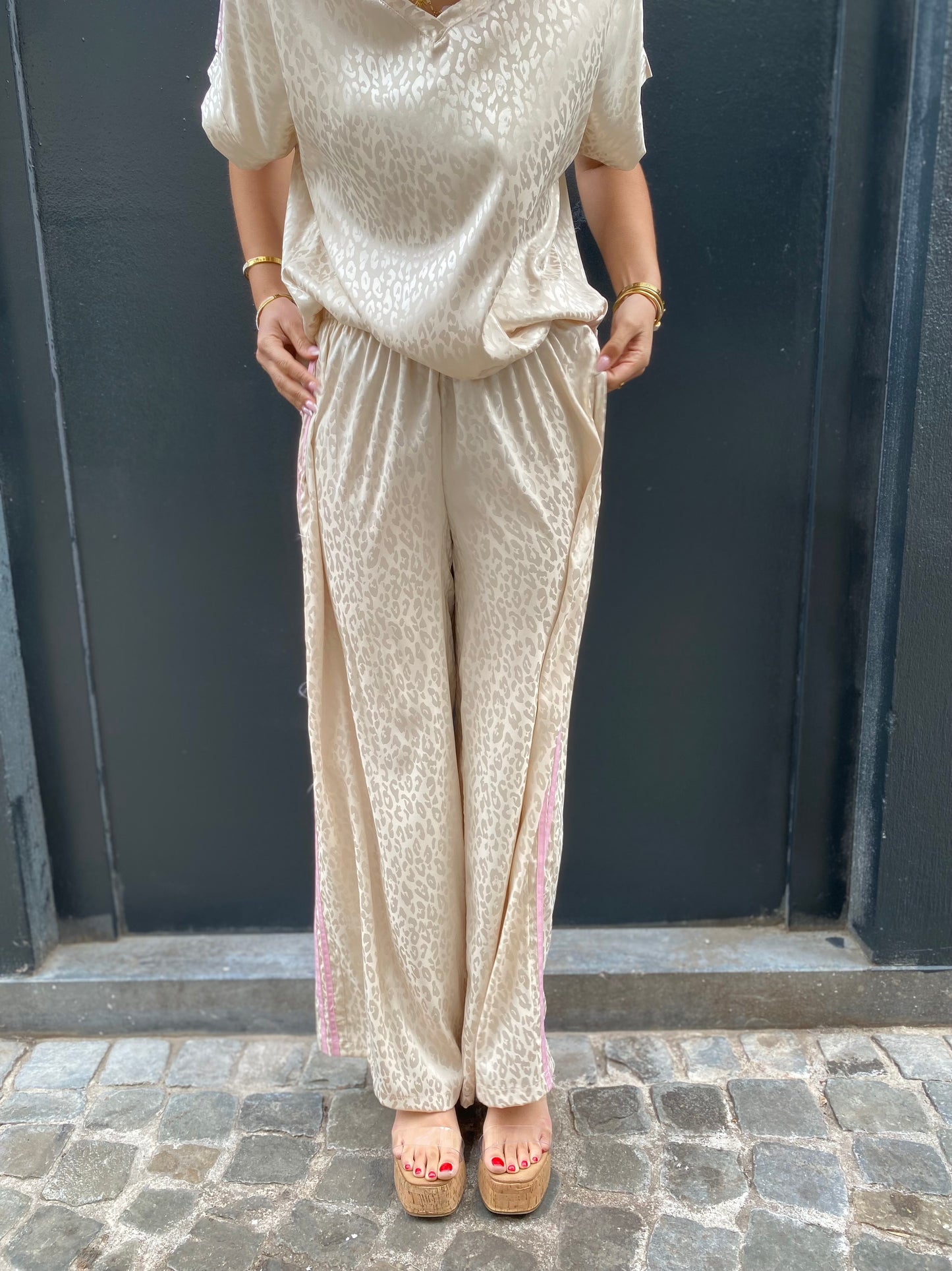 Pantalon léopard, satin beige
