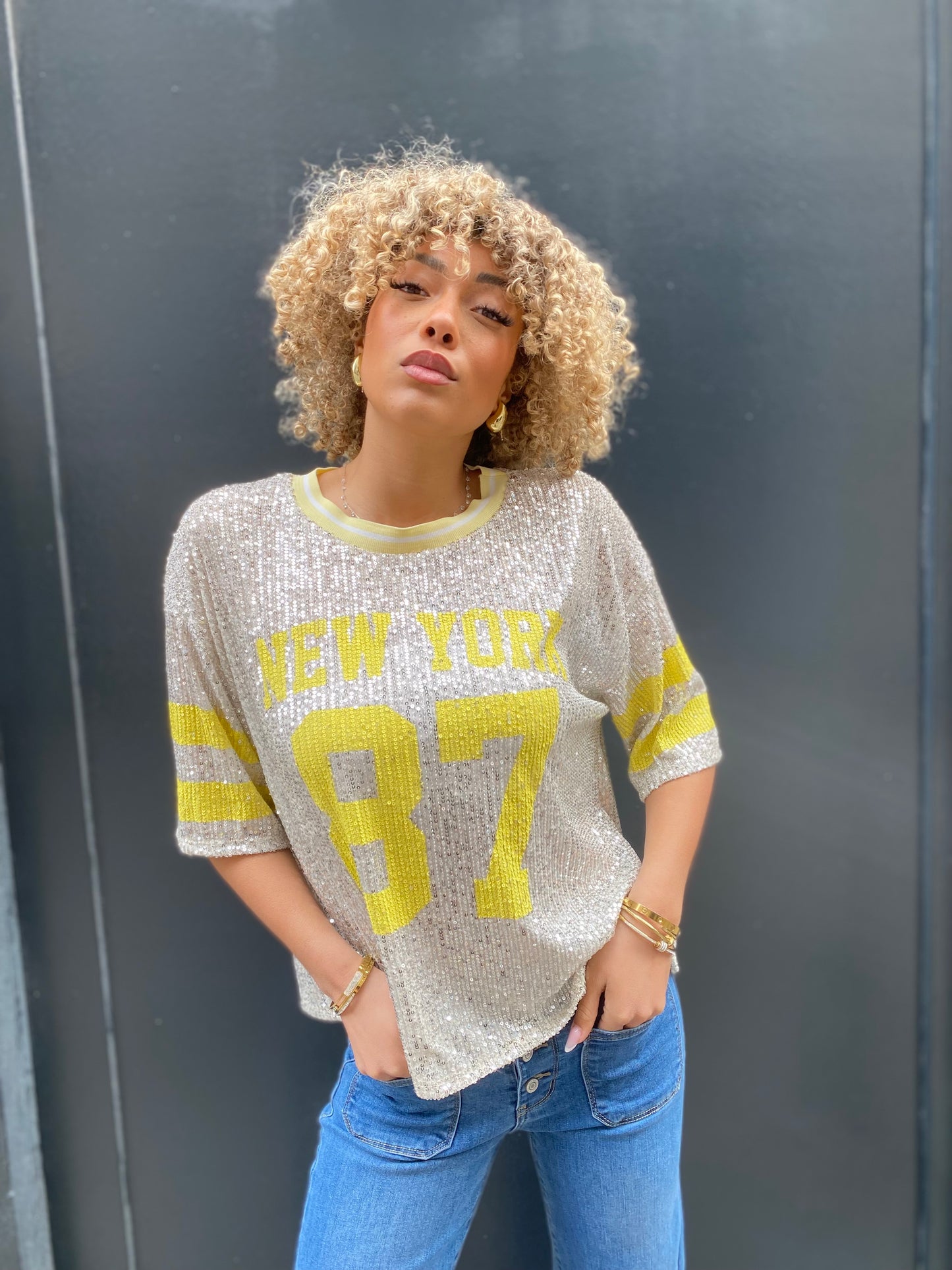 T-shirt sequin New York jaune