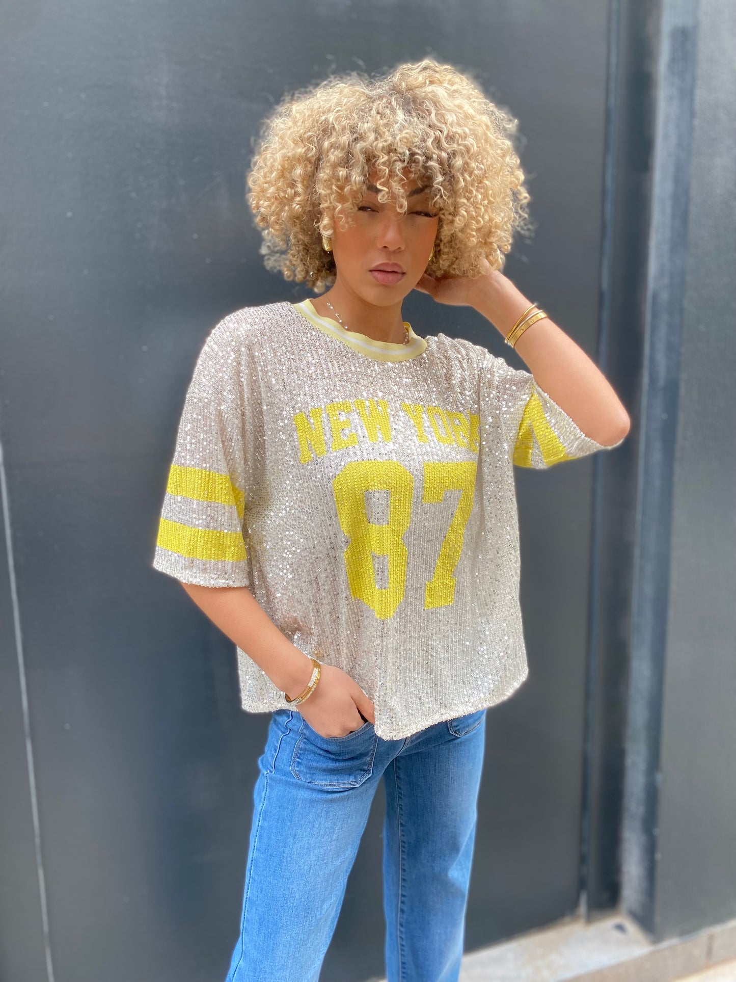 T-shirt sequin New York jaune